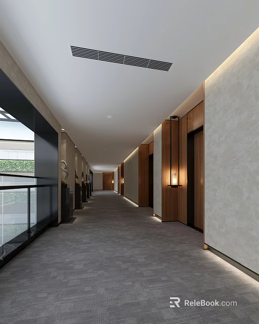 Hotel Corridor Interior With Wooden Accents Soft Lighting And Carpeted Flooring Design 3d model 