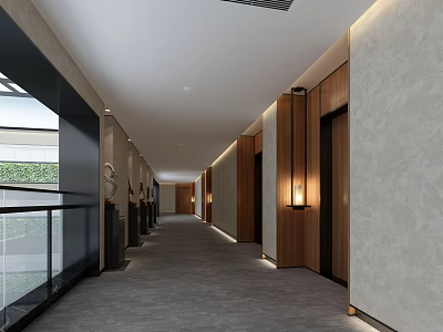 Hotel Corridor Interior With Wooden Accents Soft Lighting And Carpeted Flooring Design 3d model