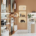 Stylish Modern Boutique Store Interior Design With Shelves Products Round Mirrors And Potted Plant