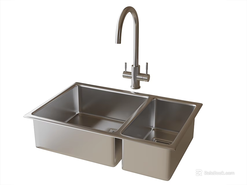 Stainless Steel Double Bowl Kitchen Sink With Modern Curved Faucet 3d model 