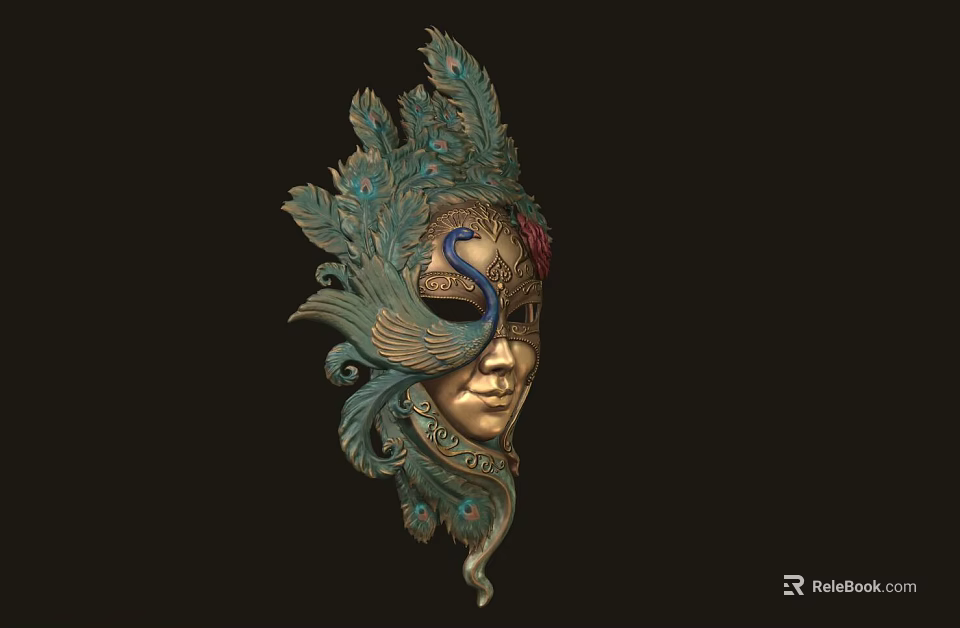 Ornate Intricate Venetian Mask With Peacock Feather Design And Gold Accents 3d model 