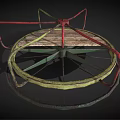 Small Spinning Amusement Ride With Circular Wooden Platform And Red Green Metal Frame