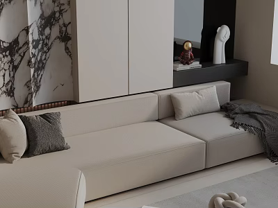 Beige Three Seater Sofa With Grey Cushions Black Throw Blanket Marble Wall And White Cabinets 3d model