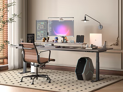 Modern Desk Setup with Dual Monitors Desk Lamp Ergonomic Chair and PC Tower 3d model