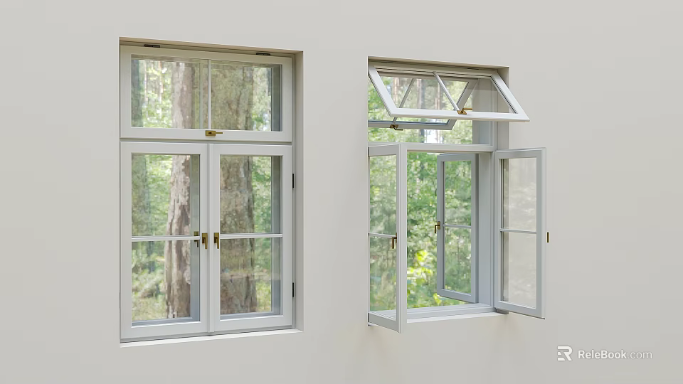 White Casement Windows Open And Closed Positions With Green Outdoor Scenery For Home Exterior 3d model 