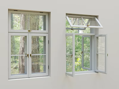 White Casement Windows Open And Closed Positions With Green Outdoor Scenery For Home Exterior 3d model