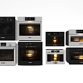 Assorted Black Silver Kitchen Appliances Ovens Microwaves With Transparent Doors Interior Lights 3d model