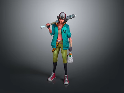 Colorful Anime Character Design With Green Jacket Baseball Bat Striped Pants Red Sneakers And Cap 3d model