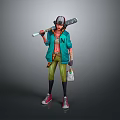 Colorful Anime Character Design With Green Jacket Baseball Bat Striped Pants Red Sneakers And Cap