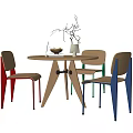 Modern Round Wooden Table and Colorful Chair Set with Vase Fruit Bowl and Laptop