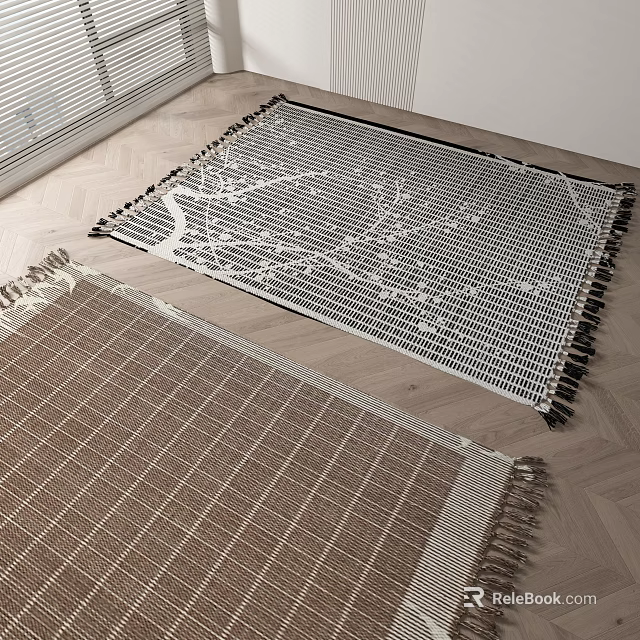 Two Square Rugs With Different Patterns And Fringes On Wooden Floor 3d model 