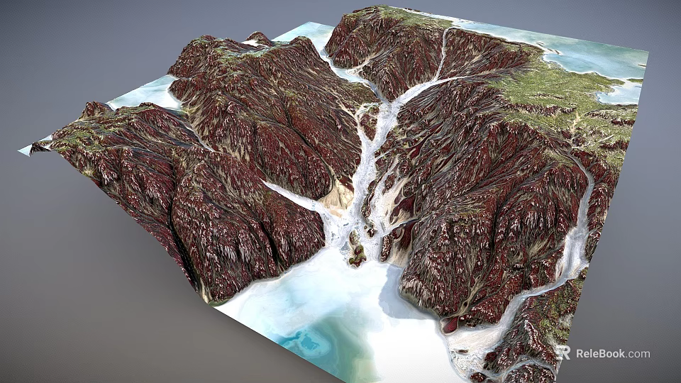 Natural Mountain Garden Landscape With Winding Rivers Green Vegetation And Blue Water Areas 3d model 