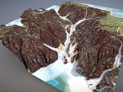 Natural Mountain Garden Landscape With Winding Rivers Green Vegetation And Blue Water Areas 3d model