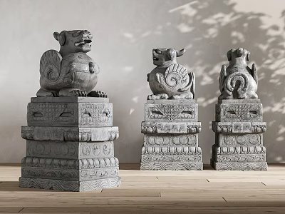 Traditional Stone Lion Architectural Components With Intricate Carving Details On Pedestals For Cultural Heritage 3d model