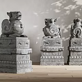 Traditional Stone Lion Architectural Components With Intricate Carving Details On Pedestals For Cultural Heritage