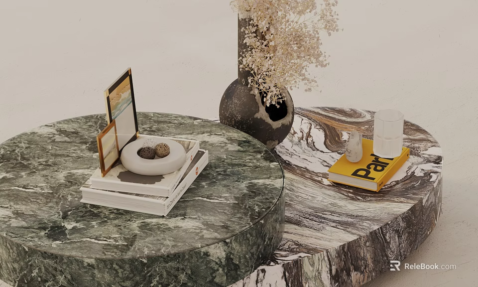 Marble Coffee Table Set Round and Irregular Shapes with Vase Dried Flowers Book Jewelry Box 3d model 