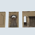 Vintage Brick Architectural Elements with Arched Designs and Wooden Doors in Different Structures 3d model