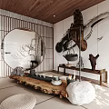Serene Tea Room Interior With Natural Plants Stone Moss Gravel And Window Blinds