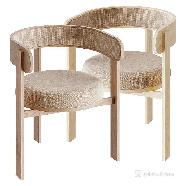 Two Modern Leisure Chairs With Wooden Frame And Beige Fabric Cushions 3d model 