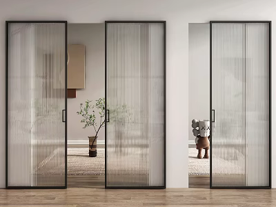 Modern Sliding Doors with Ribbed Glass and Black Frames for Interior Space 3d model