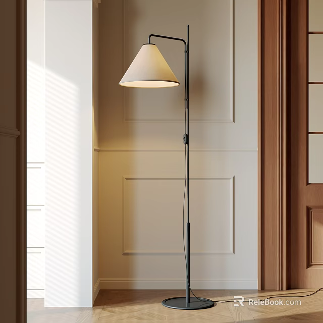 Minimalist Modern Floor Lamp With Soft Light Against Paneled Wall And Wooden Door Frame 3d model 