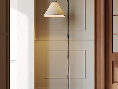 Minimalist Modern Floor Lamp With Soft Light Against Paneled Wall And Wooden Door Frame 3d model