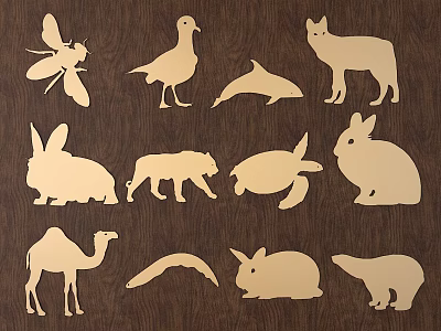 Various Detailed Animal Silhouette Wood Carvings on Natural Brown Wood Background 3d model