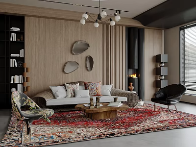 Modern Living Room With Wooden Walls Sofa Colorful Pillows Coffee Table Patterned Rug And Fireplace 3d model