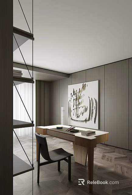 Modern Study Room With Wooden Walls Desk Books And Large Abstract Painting 3d model 