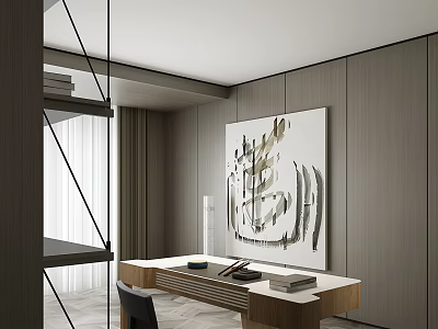 Modern Study Room With Wooden Walls Desk Books And Large Abstract Painting 3d model