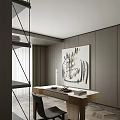 Modern Study Room With Wooden Walls Desk Books And Large Abstract Painting