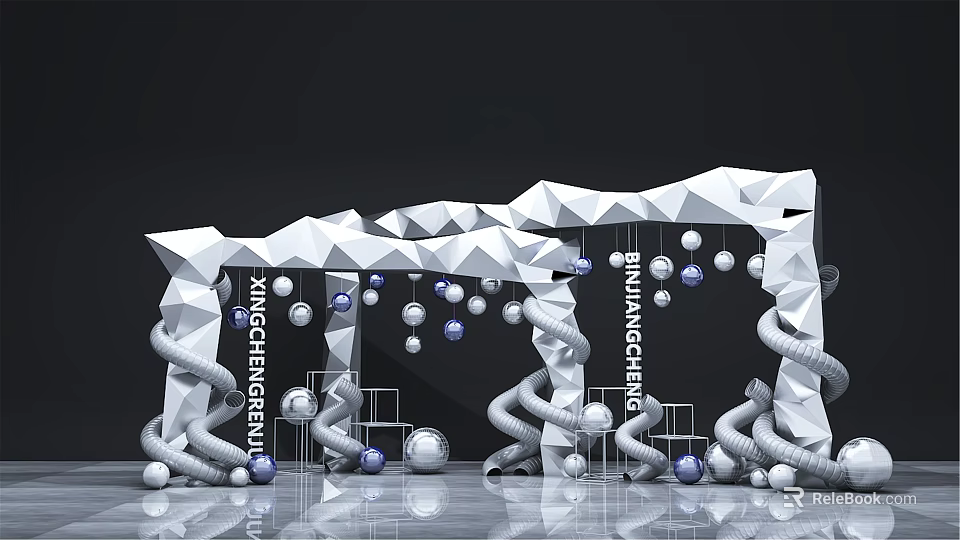 White Geometric Installation With Hanging Spheres And Spiral Decorations On Reflective Floor 3d model 