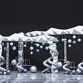White Geometric Installation With Hanging Spheres And Spiral Decorations On Reflective Floor