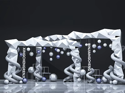 White Geometric Installation With Hanging Spheres And Spiral Decorations On Reflective Floor 3d model