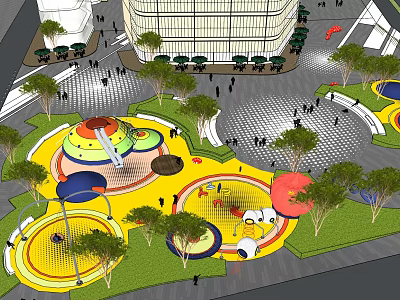 Vibrant Outdoor Children's Playground With Colorful Circular Structures Trees And People Playing 3d model