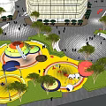Vibrant Outdoor Children's Playground With Colorful Circular Structures Trees And People Playing