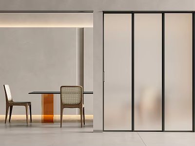 Modern Interior Featuring Glass Sliding Door With Dining Table And Chairs 3d model