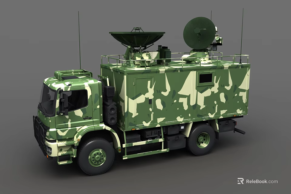 Military Camouflage Functional Vehicle with Roof Mounted Satellite Dishes and Equipment 3d model 
