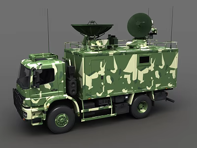 Military Camouflage Functional Vehicle with Roof Mounted Satellite Dishes and Equipment 3d model