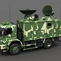 Military Camouflage Functional Vehicle with Roof Mounted Satellite Dishes and Equipment