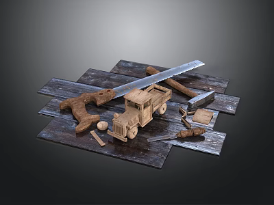 Wooden Truck Model Display With Saw Hammer And Wooden Blocks On Planks 3d model