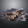 Wooden Truck Model Display With Saw Hammer And Wooden Blocks On Planks