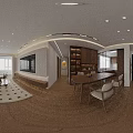 Warm Modern Open Dining and Living Room With Custom Wood Cabinets and Cozy Dining Set