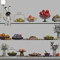 Assorted Fresh Fruits Displayed on Multi Layered Shelves with Glass Bowls Trays and Decorative Vases