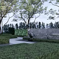 Modern Garden Feature Wall With Trees Manicured Hedges And Stone Pathway