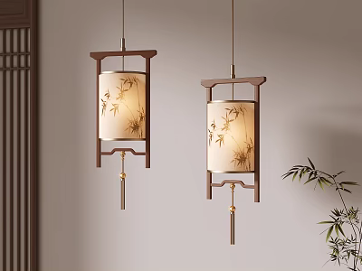 Modern Chinese Style Lantern Shaped Pendant Lights With Wooden Frame And Bamboo Pattern 3d model