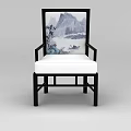 Traditional Chinese Style Chair With Black Frame And Landscape Painting Backrest White Cushion
