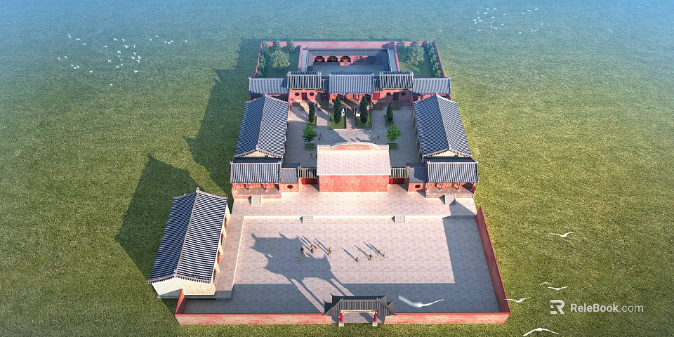 Ancient Architecture Traditional Courtyard Design With Multiple Sloped Roofs Red Walls And Green Surroundings 3d model 
