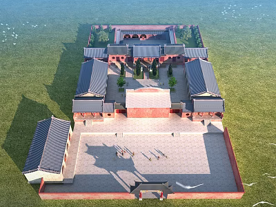 Ancient Architecture Traditional Courtyard Design With Multiple Sloped Roofs Red Walls And Green Surroundings 3d model