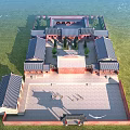 Ancient Architecture Traditional Courtyard Design With Multiple Sloped Roofs Red Walls And Green Surroundings